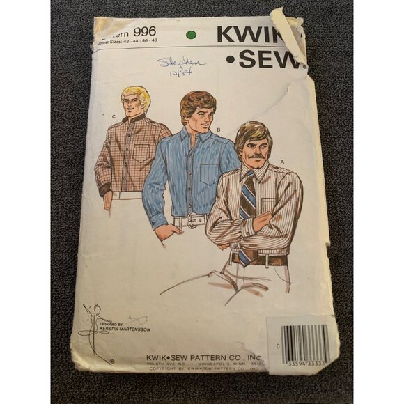 Kwik Sew Mens Long Sleeve Shirt Pattern #996 Size 42-44-46-48 Vintage Sewing Pat - Picture 1 of 3